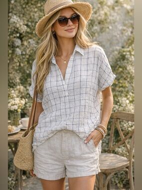 Tahari Linen Blend White Blue Grid Short Sleeve Relaxed Summer Top Shirt Small